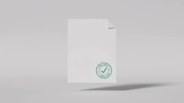 A glowing laser bar scanning a white document and stamping a green compliance seal, symbolizing AI regulatory compliance auditing, automated document verification, RegTech, and policy management.