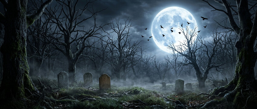 Spooky graveyard at night under a full moon with ravens