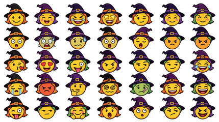 Obraz premium Halloween witch emoji icons set, cute yellow emoticon avatars with purple hats, funny facial expressions vector collection for chat stickers