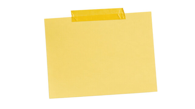 Yellow adhesive paper note with tape strip cutout isolated on transparent background.