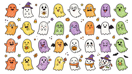 Obraz premium Cute hand drawn Halloween ghost vector set, colorful spooky ghost doodles, adorable ghost character emotions for seasonal party design