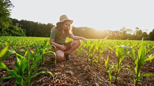 Child in a young corn field. Child touching green corn leaves outdoors. Curious child exploring crops in warm sunlight. Rural child wearing a straw hat.