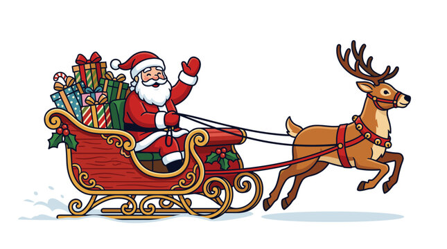 Traditional Santa Claus waving from a festive red sleigh filled with colorful gift boxes, pulled by a jumping reindeer with bells, isolated vector illustration on white background.