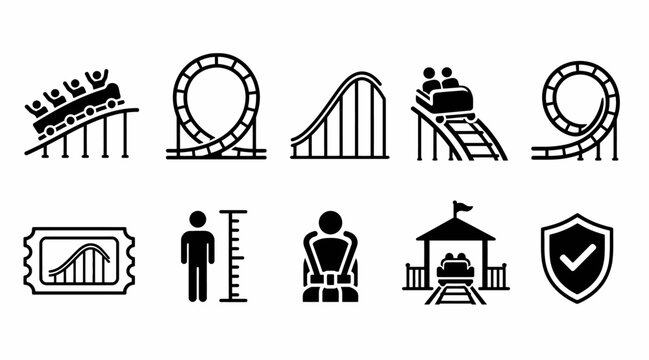 Amusement park and roller coaster ride line icon set.