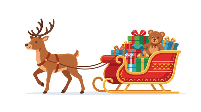 Simplified vector illustration of a brown reindeer pulling a traditional red and gold sleigh loaded with colorful wrapped gift boxes and a cute teddy bear on a white background.