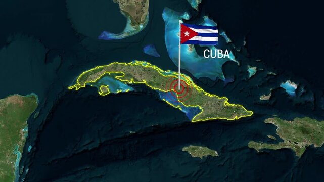Cuba country map with waving flag and radar target marker animation