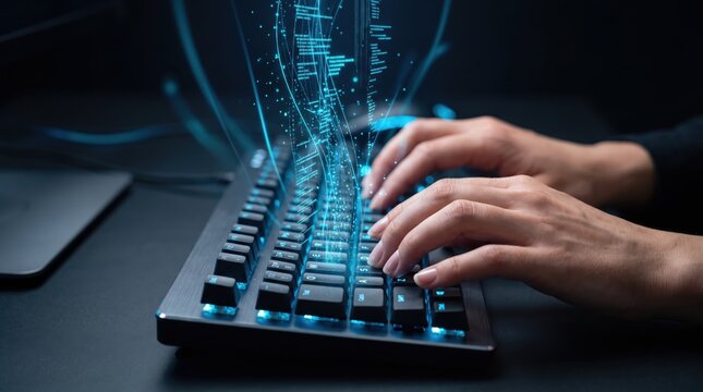 Close-up of hands typing on a backlit keyboard with holographic blue data streams and code rising from the keys, representing advanced cybersecurity, software development,