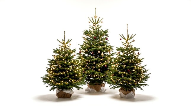 Three decorated festive Christmas trees with warm glowing fairy lights and gold ornaments isolated on white background for holiday marketing