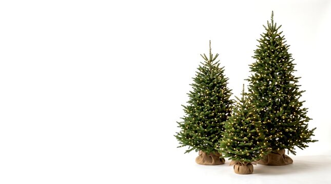 Three illuminated evergreen trees with burlap sack bases against a minimalist white background for festive holiday greeting card design
