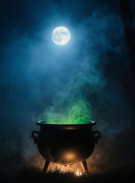 Mystical Brew Under Moonlight: A witch's cauldron bubbles with an eerie green potion, shrouded in smoke under a luminous full moon, creating an atmosphere of mystery and magic.