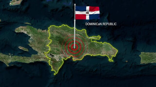 Dominican Republic map illustration with national flag waving on flagpole video motion