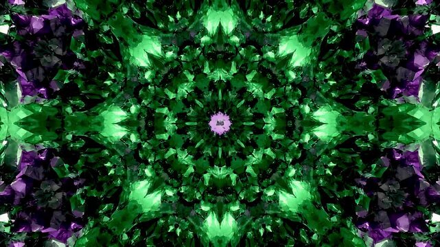 Intricate geometric design presenting a vibrant visual pattern with emerald and amethyst shapes Creating a symmetrical and rich visual.
