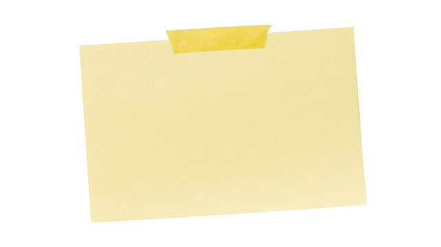Yellow sticky paper note with tape strip cutout isolated on transparent background.