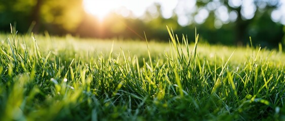 Naklejka premium Closeup of fresh green grass blades in sunlight at ground level