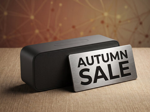Modern portable speaker paired with metallic autumn sale nameplate resting on textured tabletop perfect for retail store promotional campaigns or audio branding.