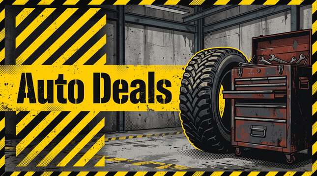 Auto parts and repair tools sale banner with garage background