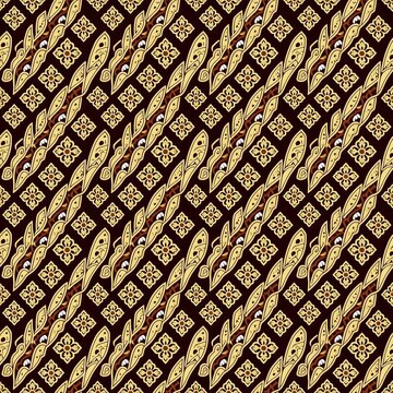 Traditional Javanese Batik Seamless Pattern with Classic Parang and Floral Motifs in Sogan Brown and Gold