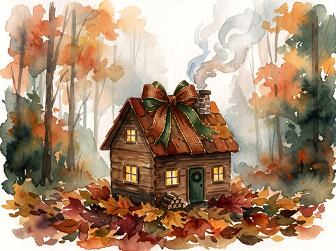 Watercolor illustration of cozy autumn log cabin surrounded by colorful fall leaves and festive holiday ribbon decoration.