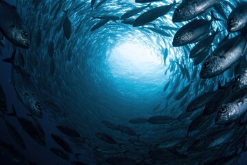 Fototapeta premium The Circular School of Fish Forming an Enigmatic Underwater Tunnel Toward Light