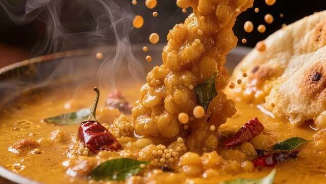 Authentic Sri Lankan Parippu dhal curry with steaming hot lentils, curry leaves, red chili peppers, and flatbread   