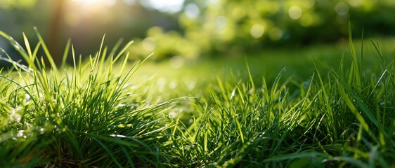 Naklejka premium Closeup of fresh green grass blades in sunlight on a lawn
