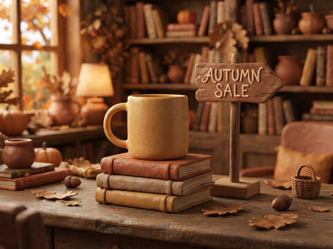 Yellow ceramic mug sitting on stack of rustic vintage books next to carved wooden sign reading autumn sale on desk decorated with acorns and autumn leaves.
