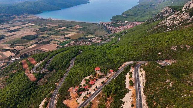 Aerial View of Akyaka Coastal Town and Azmak River in Mugla Turkey
