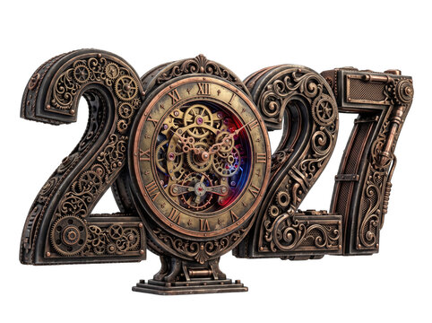 Intricate steampunk style 2027 design with clockwork gears isolated on transparent background