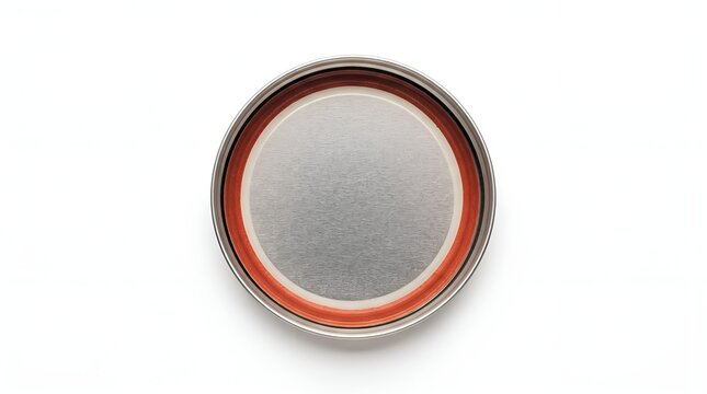 Top view of a circular metal canning jar lid with a red rubber seal.