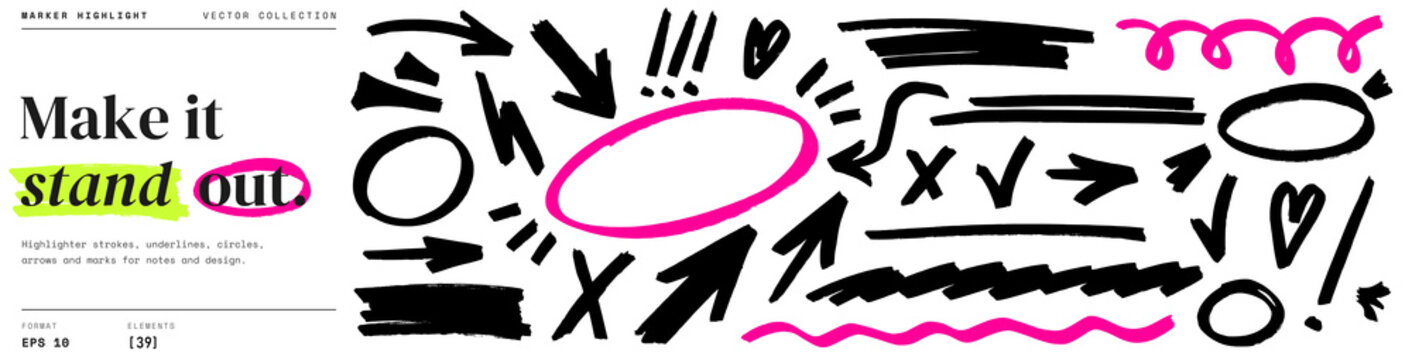 Highlight marker line arrow circle set. Hand drawn highlight marker line arrow pen scribble oval heart check lightning. Bold pink poster memo note texture background. Vector illustration