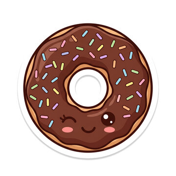 Cute Kawaii Chocolate Donut Sticker with Rainbow Sprinkles and Winking Face
