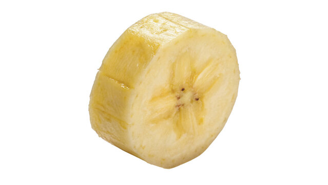 Single peeled cross cut slice of fresh yellow banana isolated on transparent background