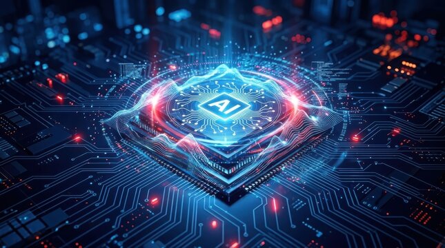 A glowing AI chip with blue and red light effects sits on a futuristic circuit board. This illustrates advanced artificial intelligence and machine learning technology.
