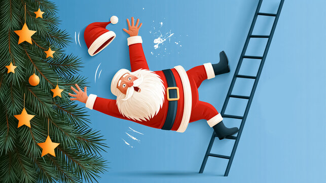 Cute cartoon clumsy Santa Claus falls down the stairs, holiday tree, humor design