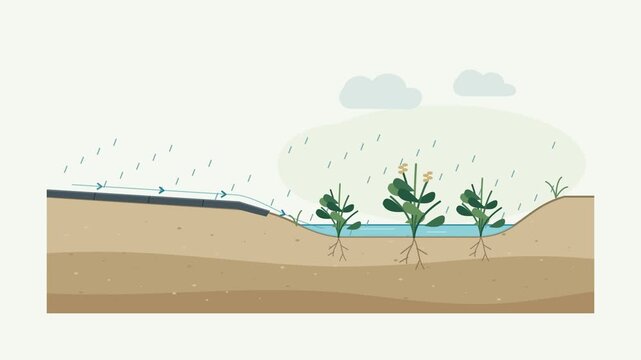 Rain garden stormwater runoff and soil infiltration cutaway animation