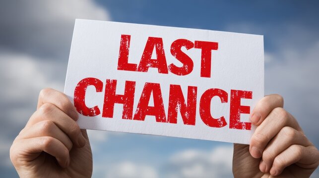 Hands holding LAST CHANCE sign against blue sky in outdoor setting to show urgency and importance of an upcoming opportunity