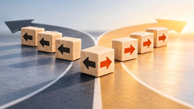 Concept of business decision making with wooden blocks showing arrows splitting into different paths at a strategic crossroads for future direction