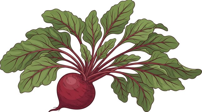 Illustration of a fresh red beetroot with green leaves.