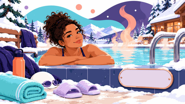 Woman relaxes in snowy hot tub. She smiles softly, arms resting on edge. Steam curls upward from warm water. Snow blankets surrounding forest and cabin. Towels and slippers sit beside tub