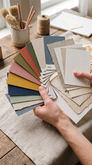 Fototapeta premium Interior designer hands holding colorful material palette swatches at workspace