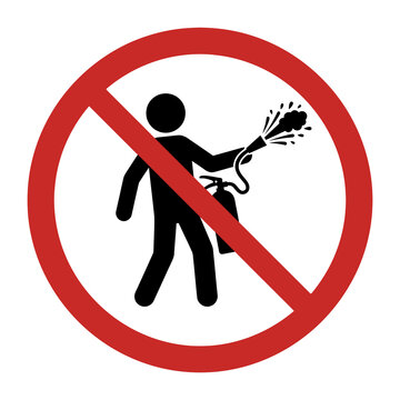Restricted use of fire extinguisher sign depicting person spraying foam inside red circle prohibition symbol for safety equipment misuse and training warnings.