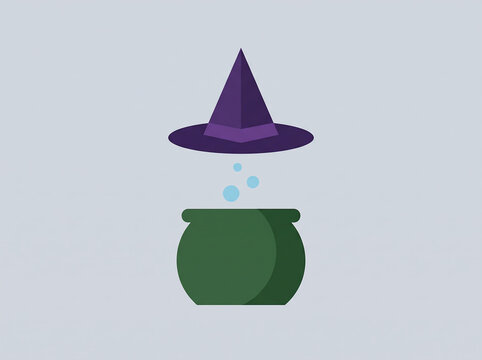 Minimalist flat illustration of a purple witch hat floating above a bubbling green cauldron, perfect for spooky Halloween magic concepts
