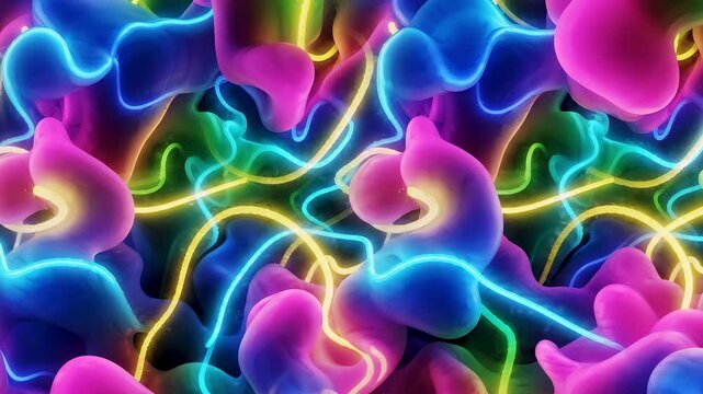 Organic shapes glowing in various hues intertwining with bright illuminating lines creating a conceptual network or cellular structure.