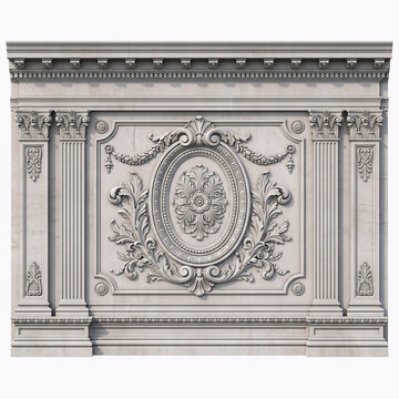 Ornate wall panel with central oval medallion and classical pilasters on a plain background.