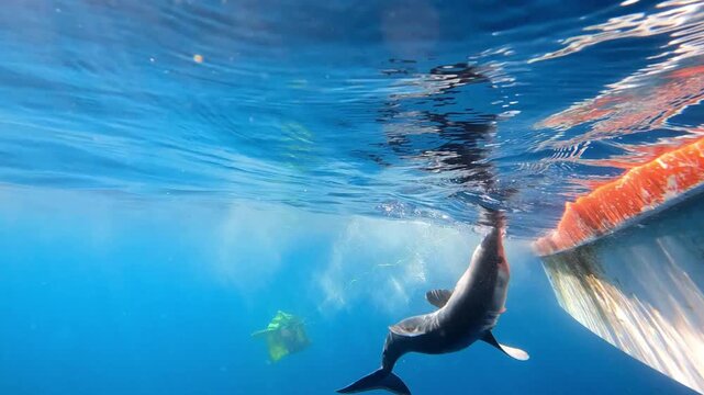 Underwater view of a small wild mako shark caught on a fishing line struggling and swimming near the hull of a boat in the deep ocean.