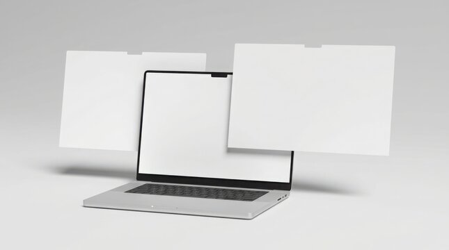 A modern laptop with blank screens and floating folders stands against a clean studio backdrop. This digital workplace mockup is perfect for software presentation.