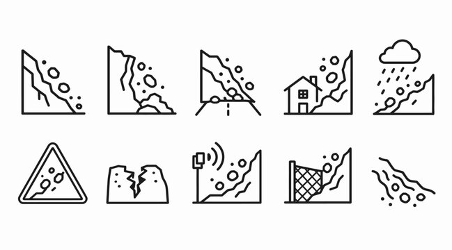Linear icons for landslide and rockfall natural disasters.