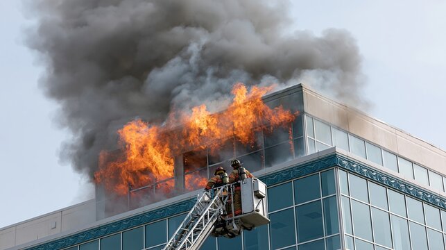 The Fire on the Glass Office Building: Firefighters Battling High-Rise Blaze