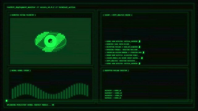 Cybersecurity Rootkit Deployment Monitor Interface with Biometric Retina Scan and Encrypted Payload Injection Terminal