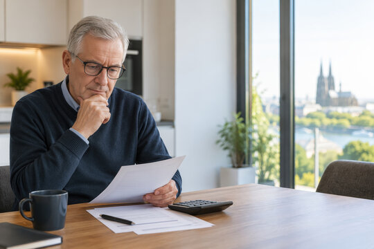 Thoughtful German senior man at modern kitchen table reviewing retirement planning documents and calculator while considering postponing retirement to age 70 Germany pension security